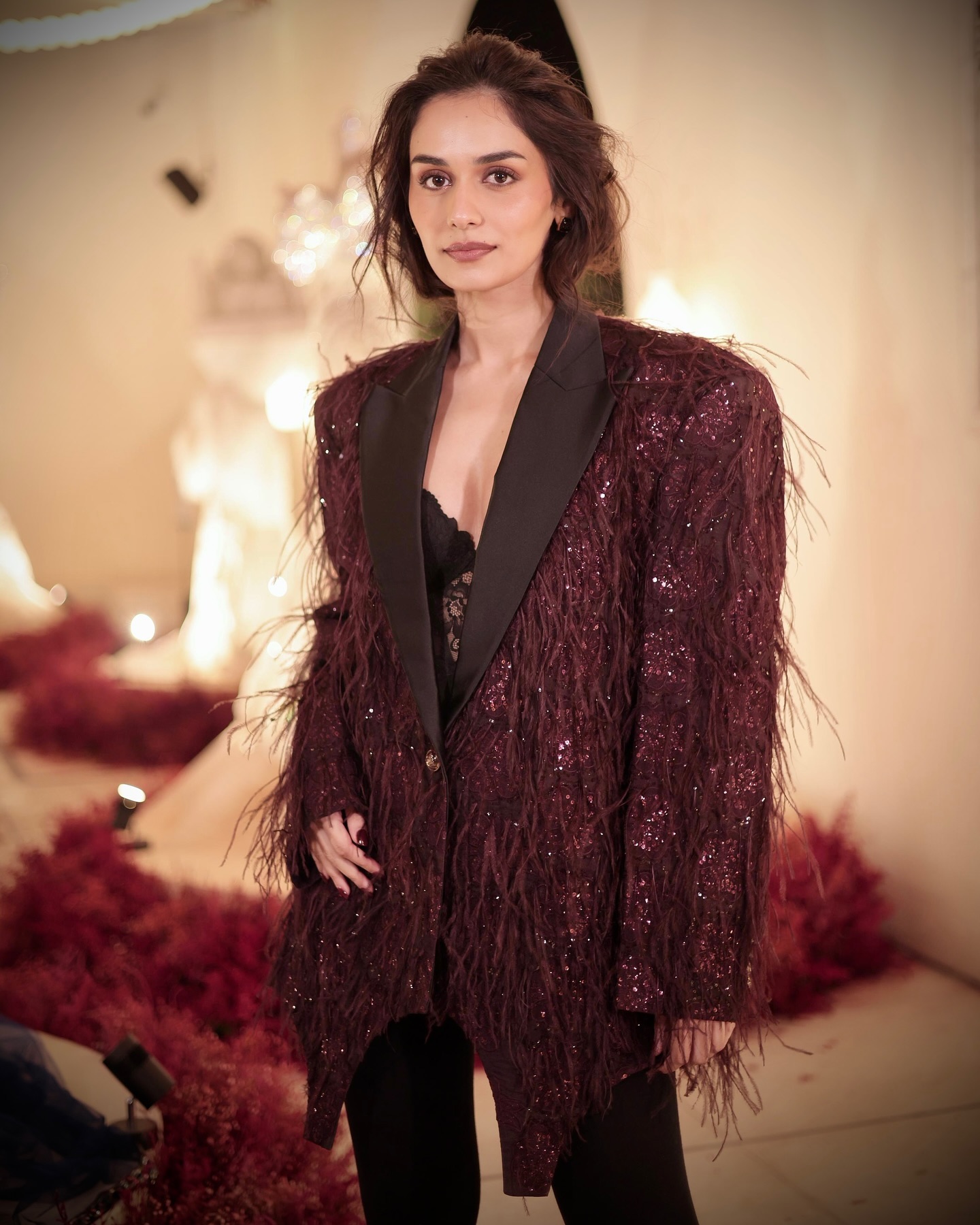 Manushi Chhillar Stuns In Feathered Blazer At Pink City .
