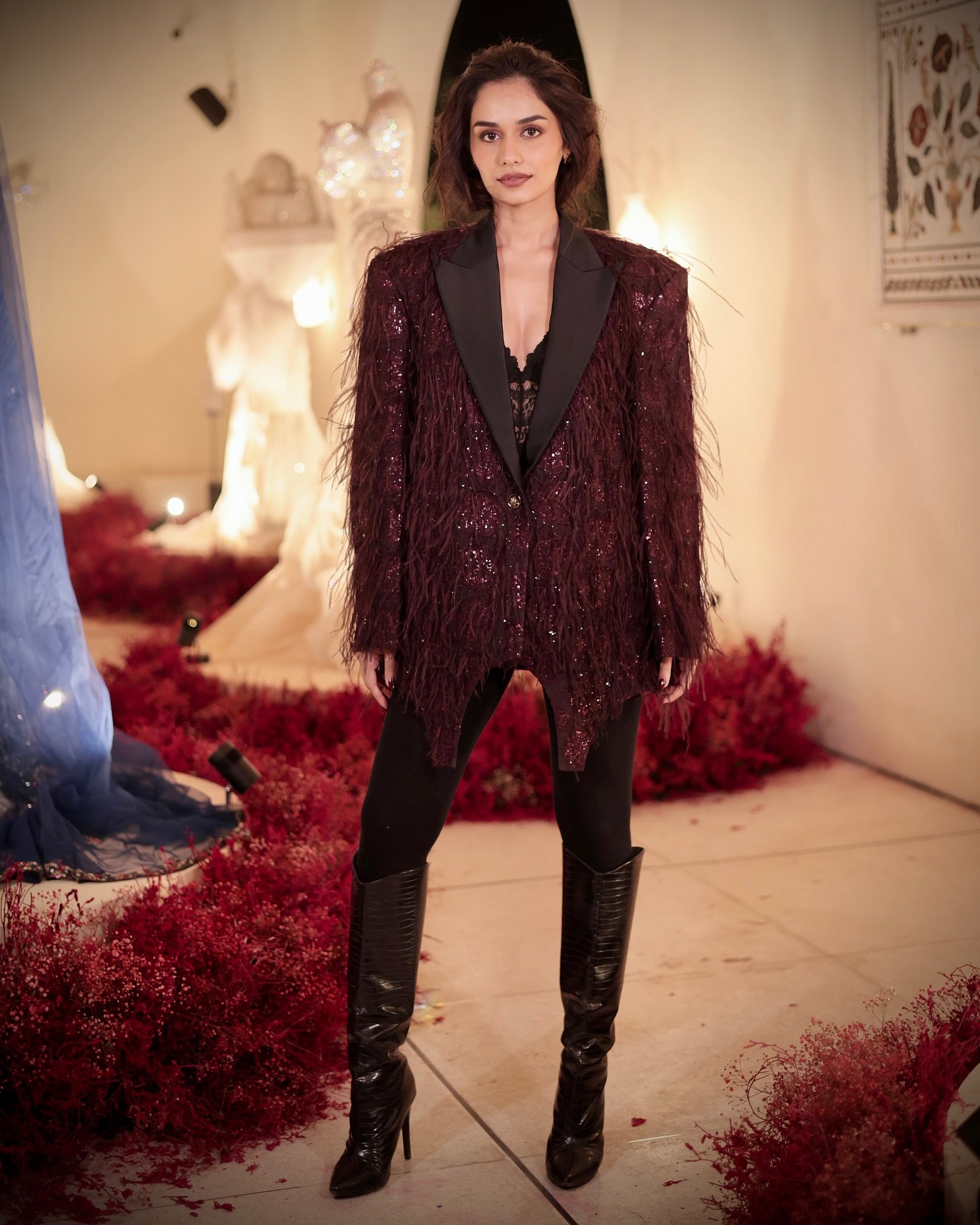 Manushi Chhillar Stuns In Feathered Blazer At Pink City .