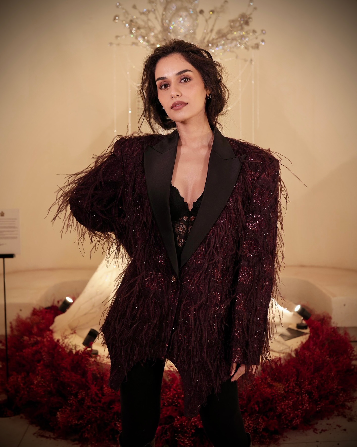 Manushi Chhillar Stuns In Feathered Blazer At Pink City .