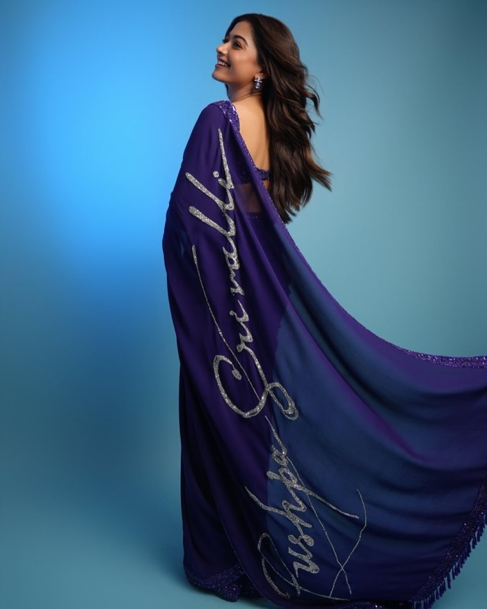 She wore a stunning saree designed by Puspha Srivalli, featuring the name 