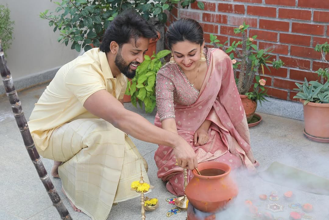 Actress Aishwarya sarja and umapathy mark their first Sankranti as a married couple, see pics