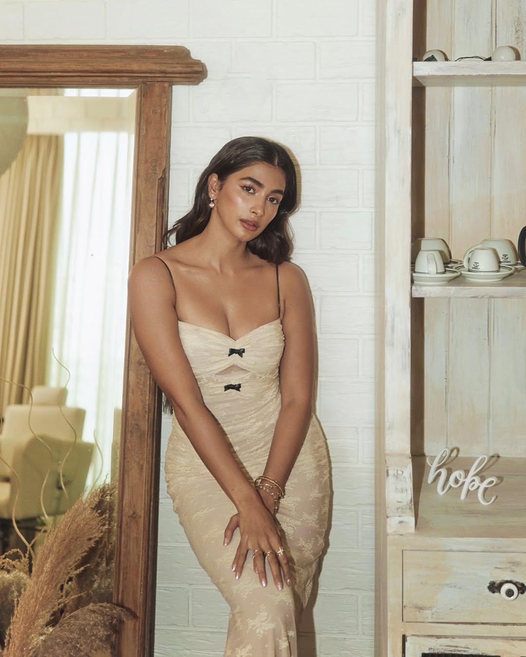 Actress Pooja Hegde stunning look in elegant beige dress is trending