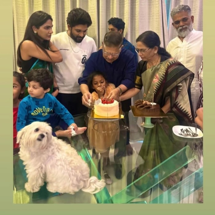 The celebration included his wife Nirmala, sons Allu Arjun and Allu Sirish, daughter-in-law Sneha, and grandchildren Ayaan and Arha.