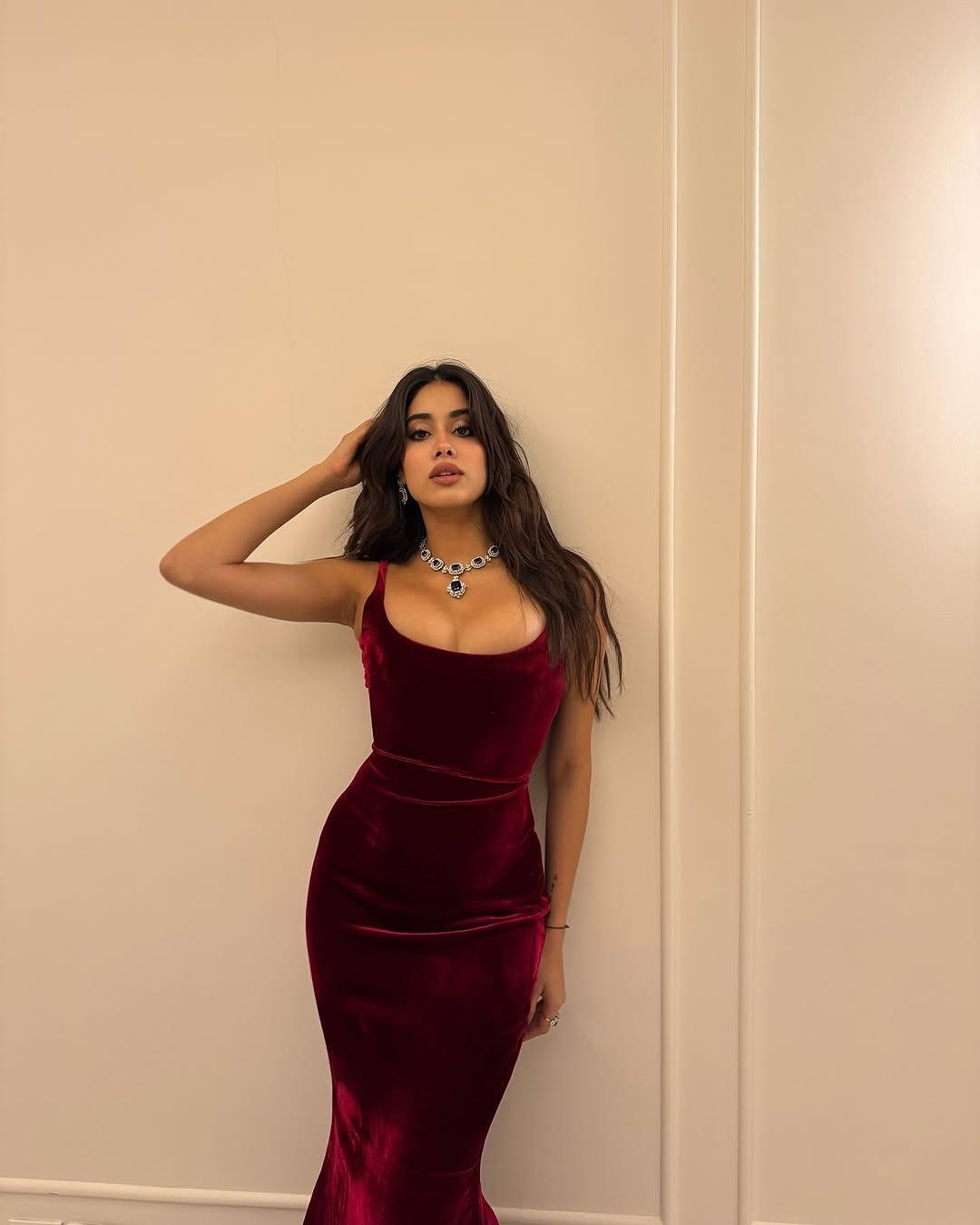 Janhvi Kapoor Stuns In Custom Royal Burgundy Vintage Vibe Outfit