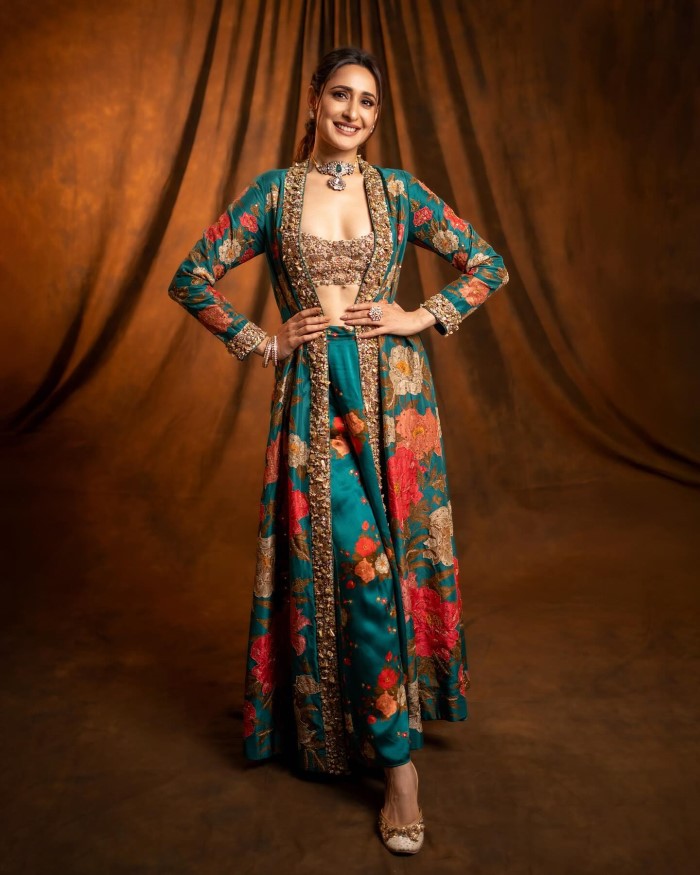 Pragya Jaiswal Stuns In Traditional Floral Turquoise And Golden Ensemble