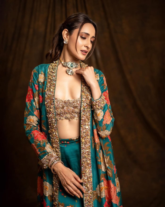 Pragya Jaiswal Stuns In Traditional Floral Turquoise And Golden Ensemble