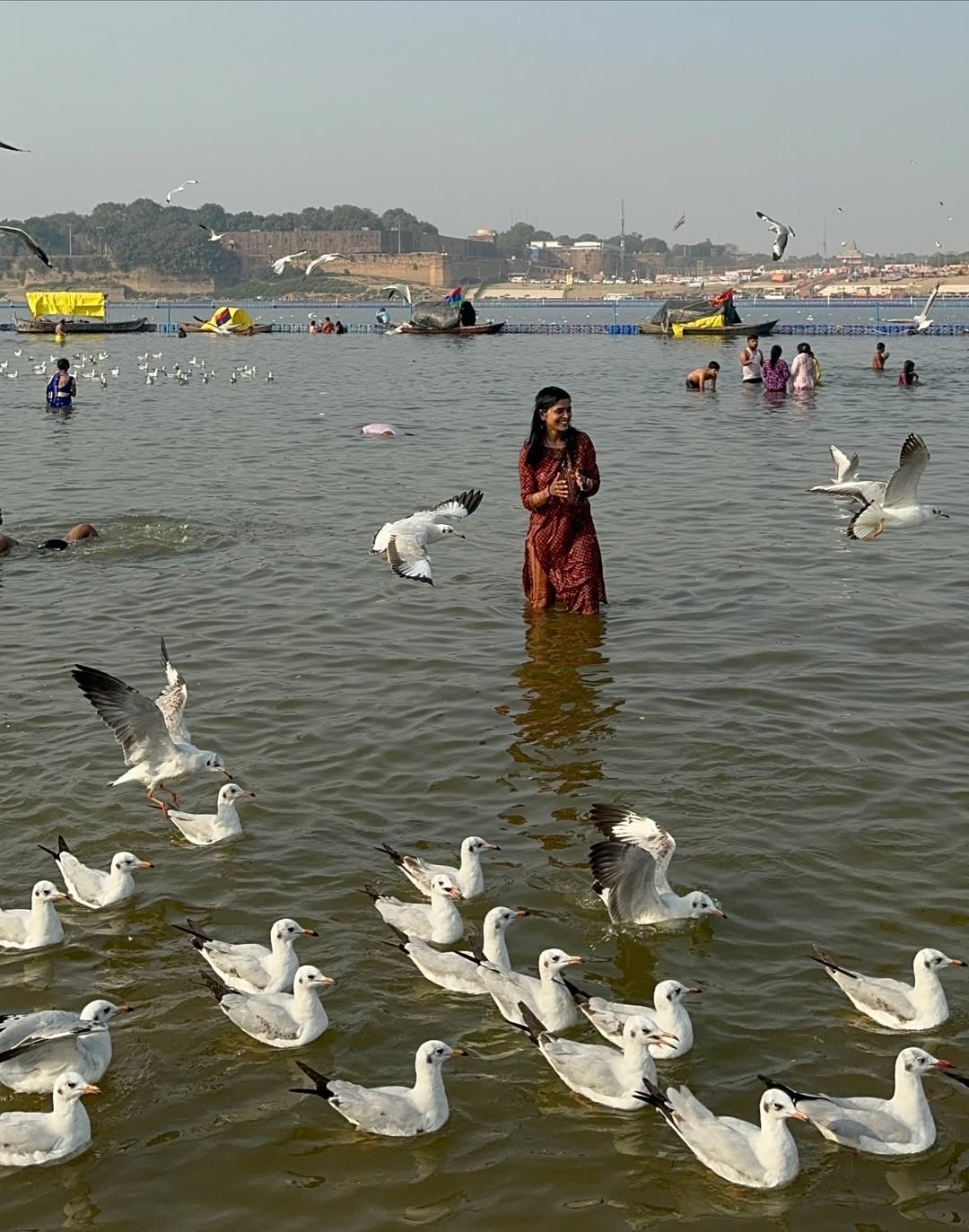 Actress Sanchita Shetty Takes A Holy Dip At Triveni Sangam