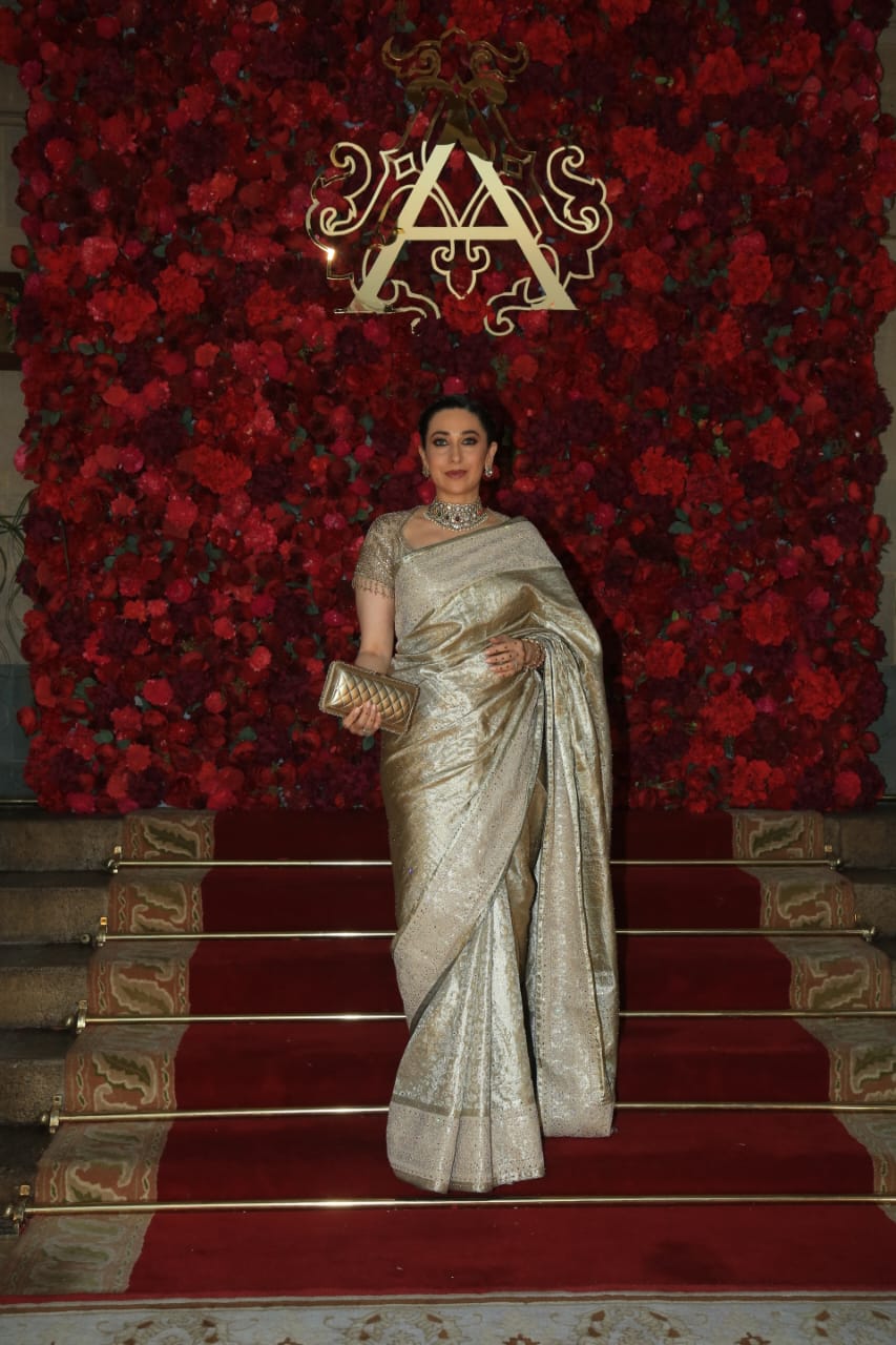 Karishma Kapoor Stuns In Metallic Silver Saree At Aadar Jain And Alekha Advani Wedding