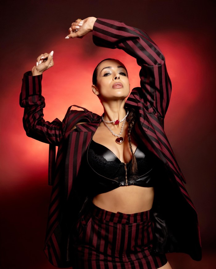 Malaika Arora's Bold Photoshoot In Striped Blazer & Leather Bralette Stunning Fashion Look