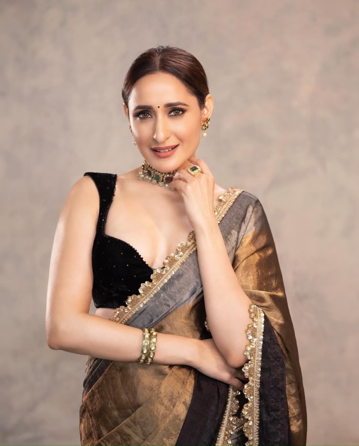 Pragya Jaiswal Stuns In A Golden Saree With Black Velvet Blouse