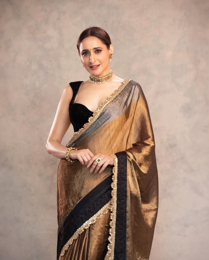 Pragya Jaiswal Stuns In A Golden Saree With Black Velvet Blouse