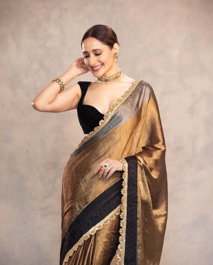 Pragya Jaiswal Stuns In A Golden Saree With Black Velvet Blouse