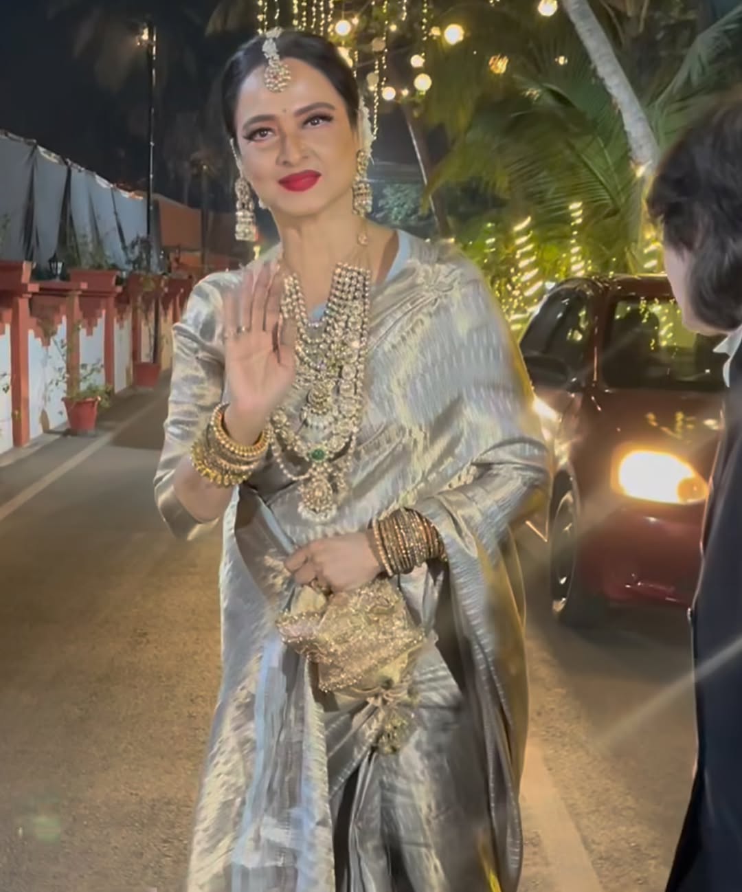 Rekha Stuns in Ivory Saree at Siddharth Chopra's Wedding with Priyanka Chopra's Jewellery