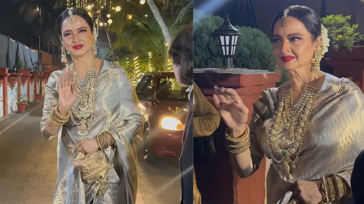 Rekha Stuns in Ivory Saree at Siddharth Chopra's Wedding with Priyanka Chopra's JewelleryRekha Stuns in Ivory Saree at Siddharth Chopra's Wedding with Priyanka Chopra's Jewellery