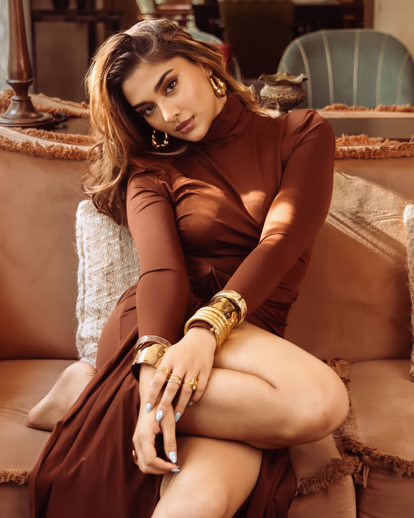 Actress Saiee Manjrekar Turns Heads In A Stunning Brown Body-Hugging, High-Neck Dress