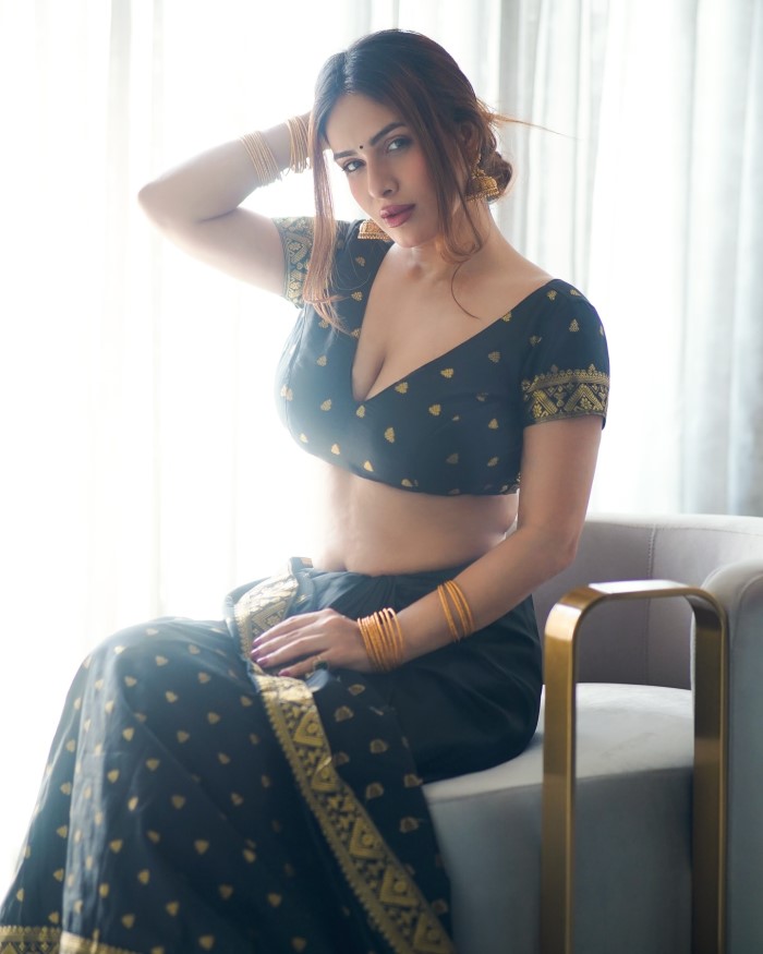 Neha Malik Shines In Black Saree With Golden Glow And Playful Charm