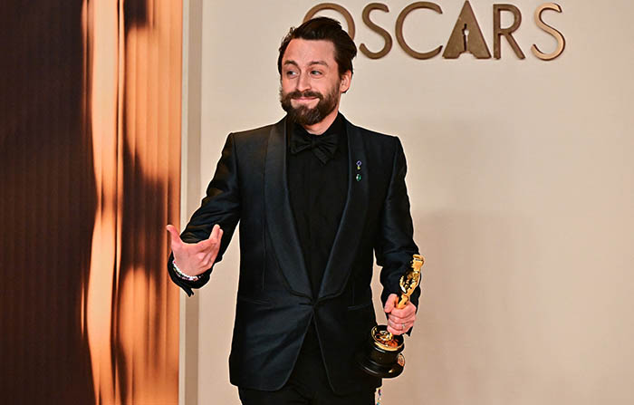 US actor Kieran Culkin poses in the press room with the Oscar for Best Actor in a Supporting Role for A Real Pain during the 97th Annual Academy Awards at the Dolby Theatre in Hollywood, California on Ma