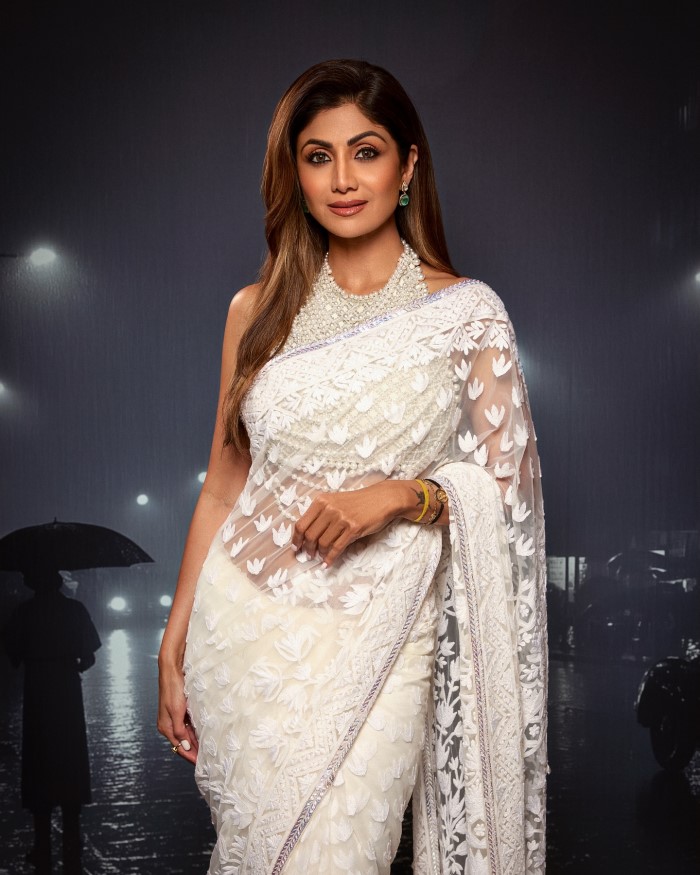 3187 Shilpa Shetty's Printed Off White Ruffle Saree outfit set main image 1