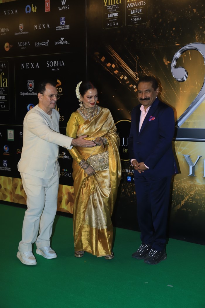 Veteran Actress Rekha Radiates In Stunning Golden Kanjeevaram Saree On Day 2 Of IIFA Awards 2025