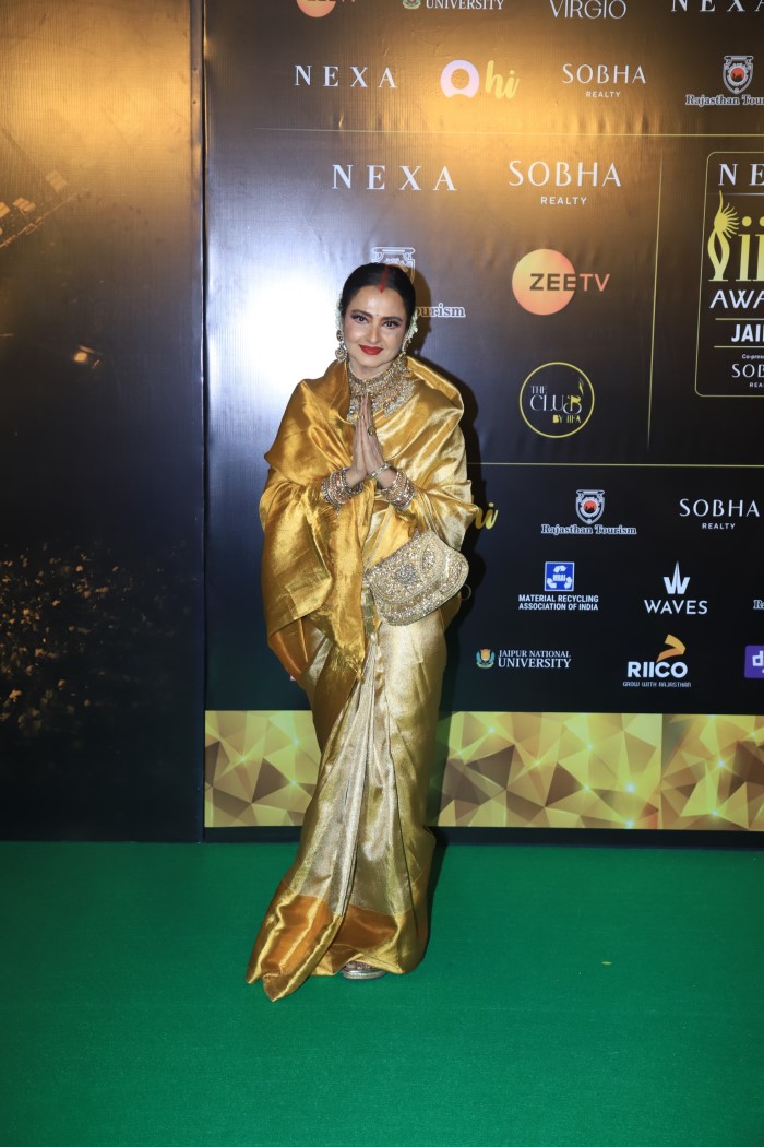 Veteran Actress Rekha Radiates In Stunning Golden Kanjeevaram Saree On Day 2 Of IIFA Awards 2025
