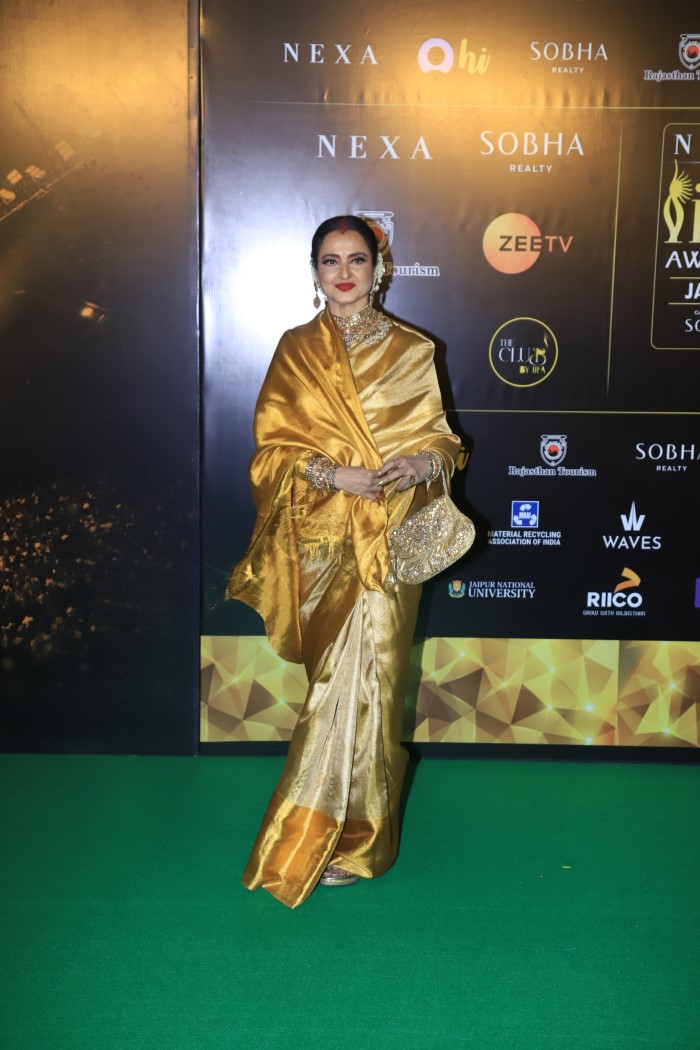Veteran Actress Rekha Radiates In Stunning Golden Kanjeevaram Saree On Day 2 Of IIFA Awards 2025