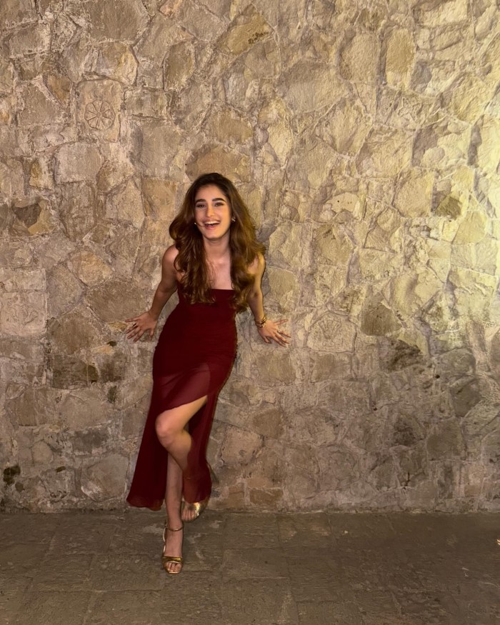 Rasha Thadani Dazzles In A Cherry Red Dress With Gold Accents - Filmibeat