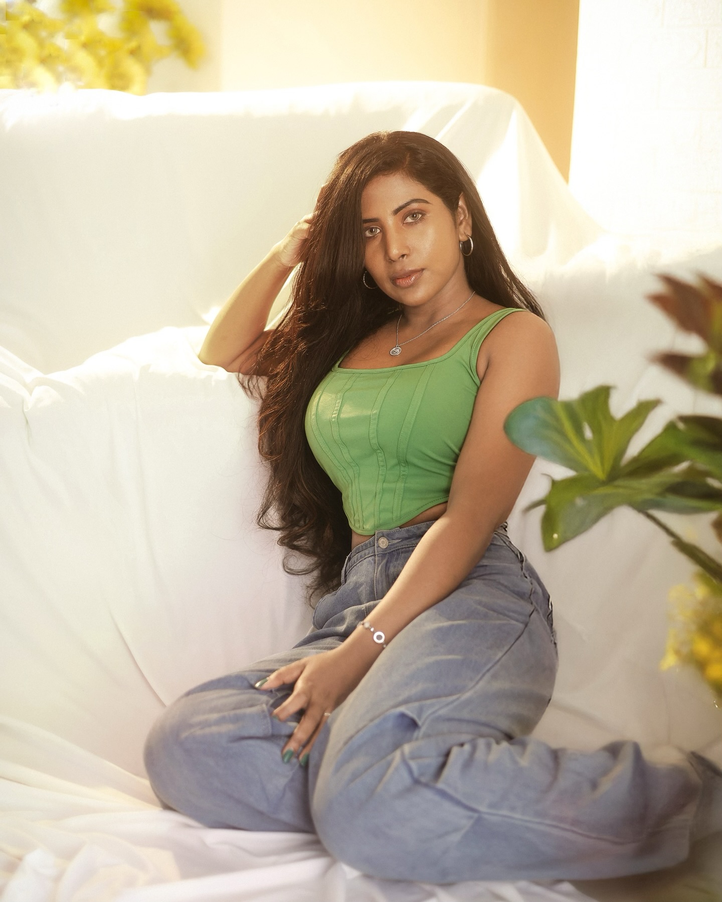Suvitha Rajendran’s Latest Look In Green Corset Top And Jeans