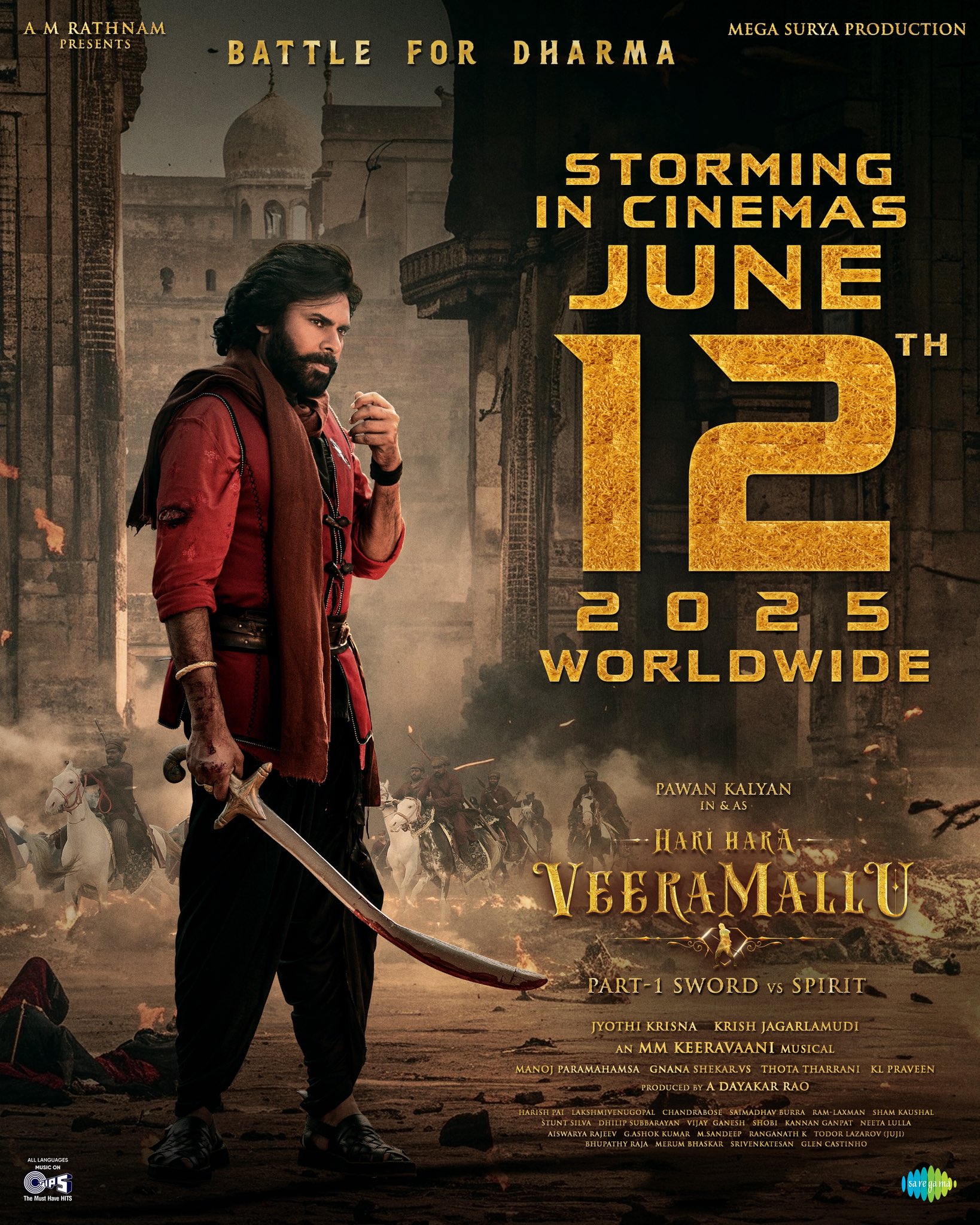 The poster features Pawan Kalyan holding a sword with a battlefield background, announcing the release of the film 