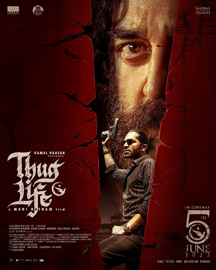 Kamal Haasan’s intense gaze symbolizes a looming presence, with Silambarasan TR rebellious in front