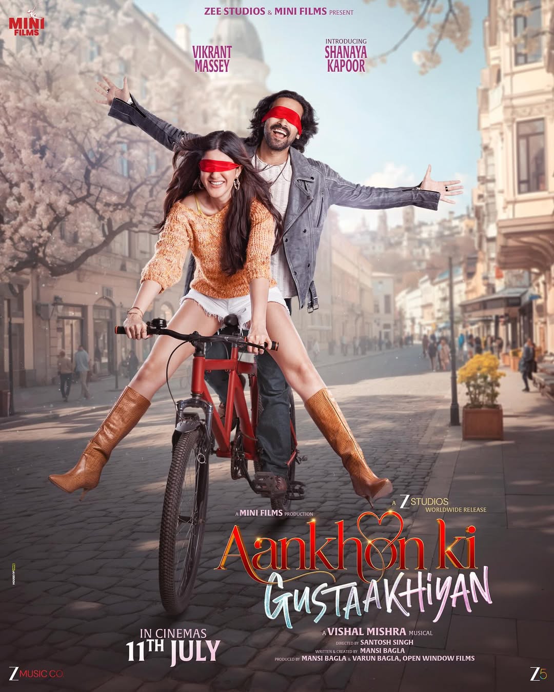 Poster spotlight: Vikrant Massey and Shanaya Kapoor riding a bicycle, both blindfolded–capturing the essence of their unique love story
