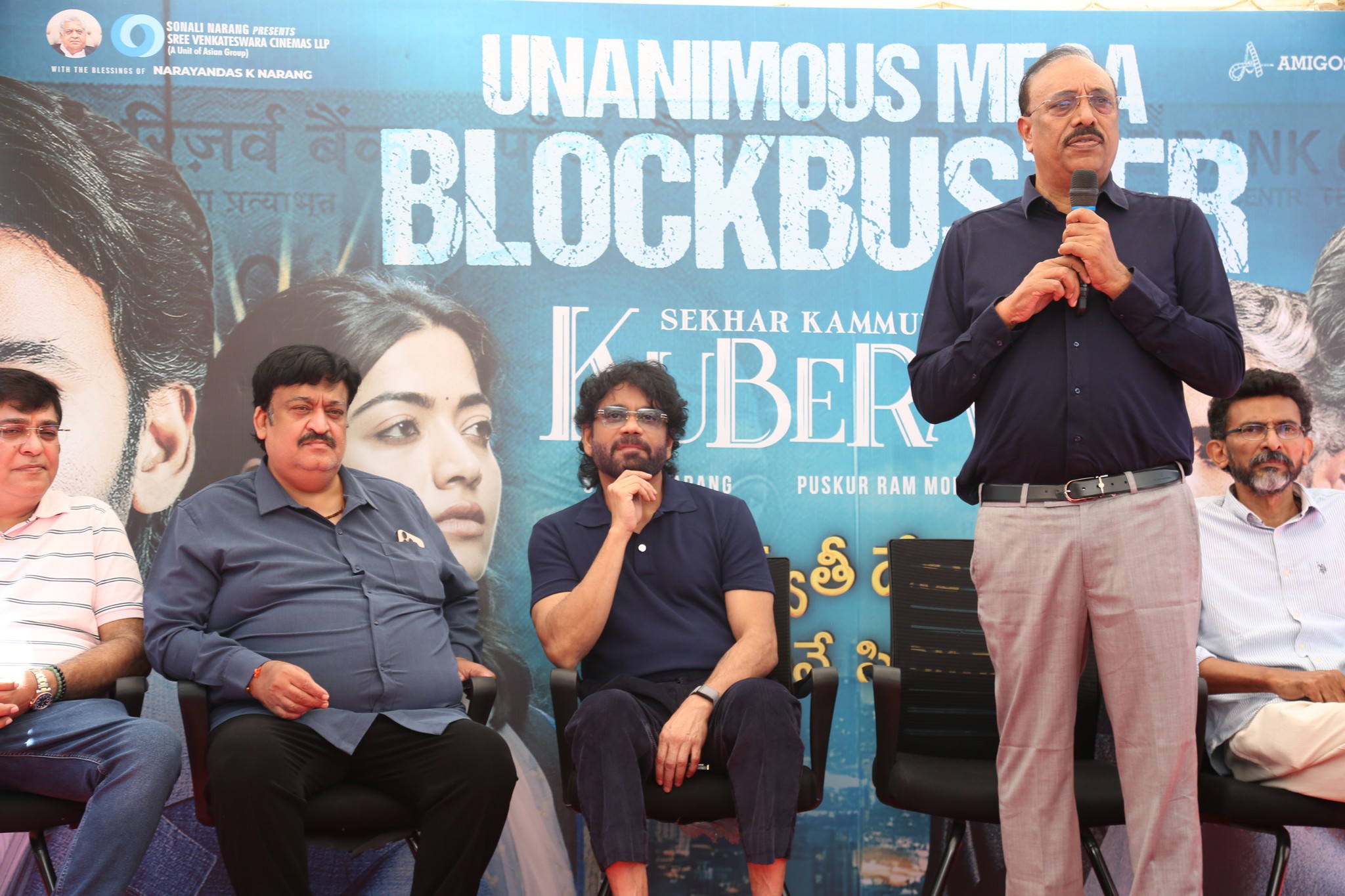 The event concluded with a group photograph capturing the celebratory spirit of the Kuberaa team — a moment of shared pride, joy, and cinematic success