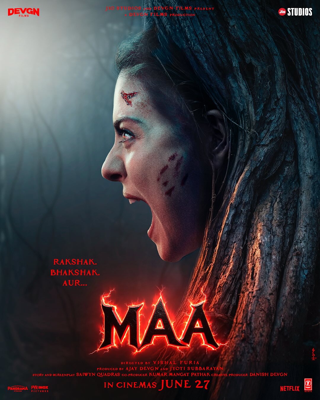 A striking close-up poster features Kajol’s fearless expression, capturing the unwavering strength of a mother amid supernatural terror