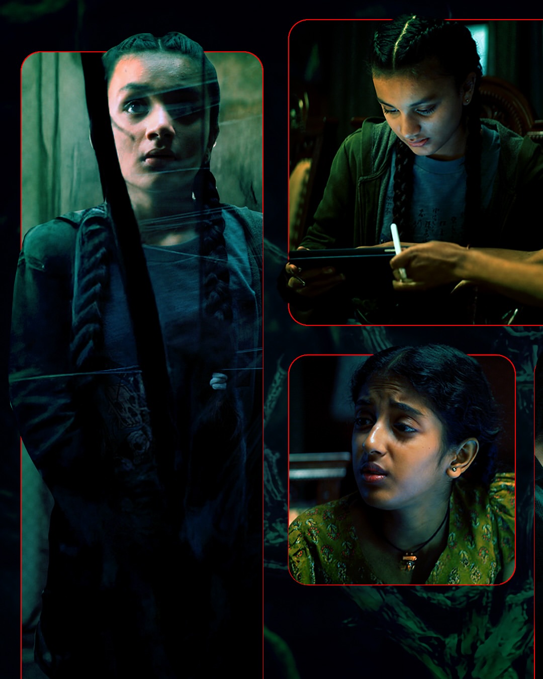 The child artist collage poster reflects the emotional and haunting undertones of the storyline through an eerie visual mix