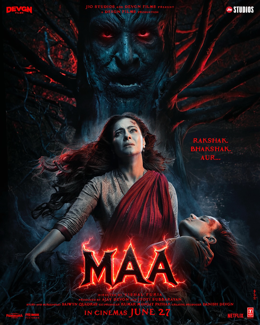 In a gripping poster, Kajol is seen holding the child actor protectively in both arms, with gnarled, haunted trees forming a sinister backdrop–a chilling hint of the horrors that surround them