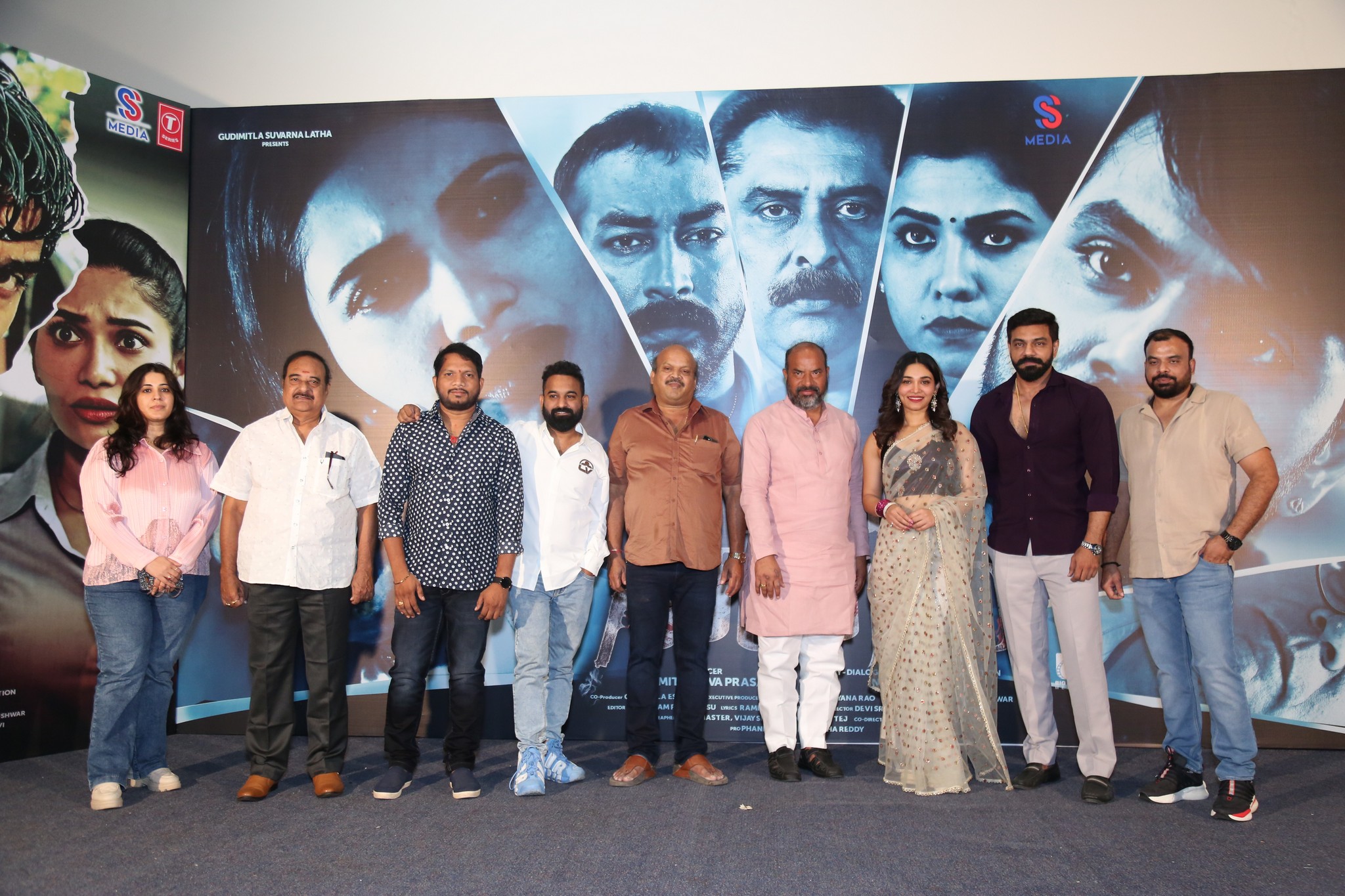 The cast and crew of Paramapada Sopanam gathered on stage for a group media photoshoot