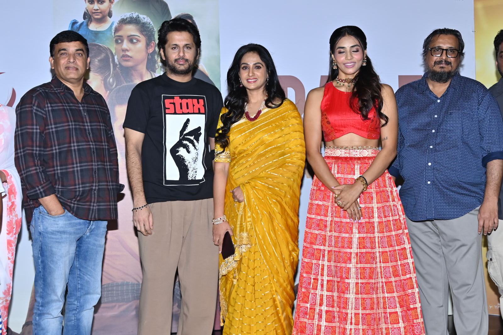 Actors Nithiin, Laya Glam, and Sapthami Gowda were seen sharing light moments during the media interactions