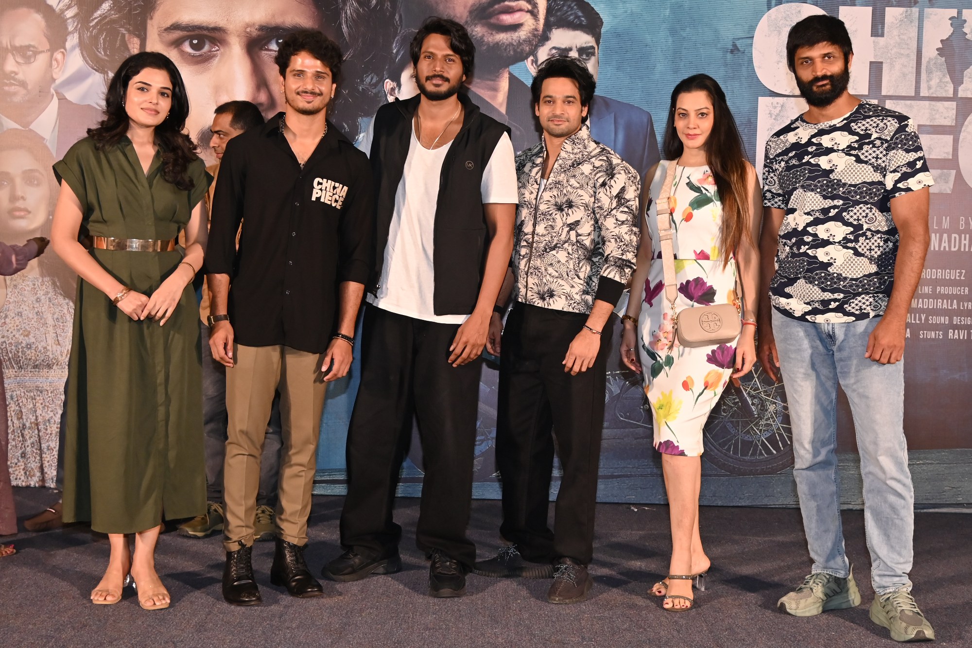 Harshitha, Nihal Kodhaty, Sundeep Kishan, Surya Srinivas, Deeksha Panth, and Kamal Kamaraju were photographed together during the official media interaction.