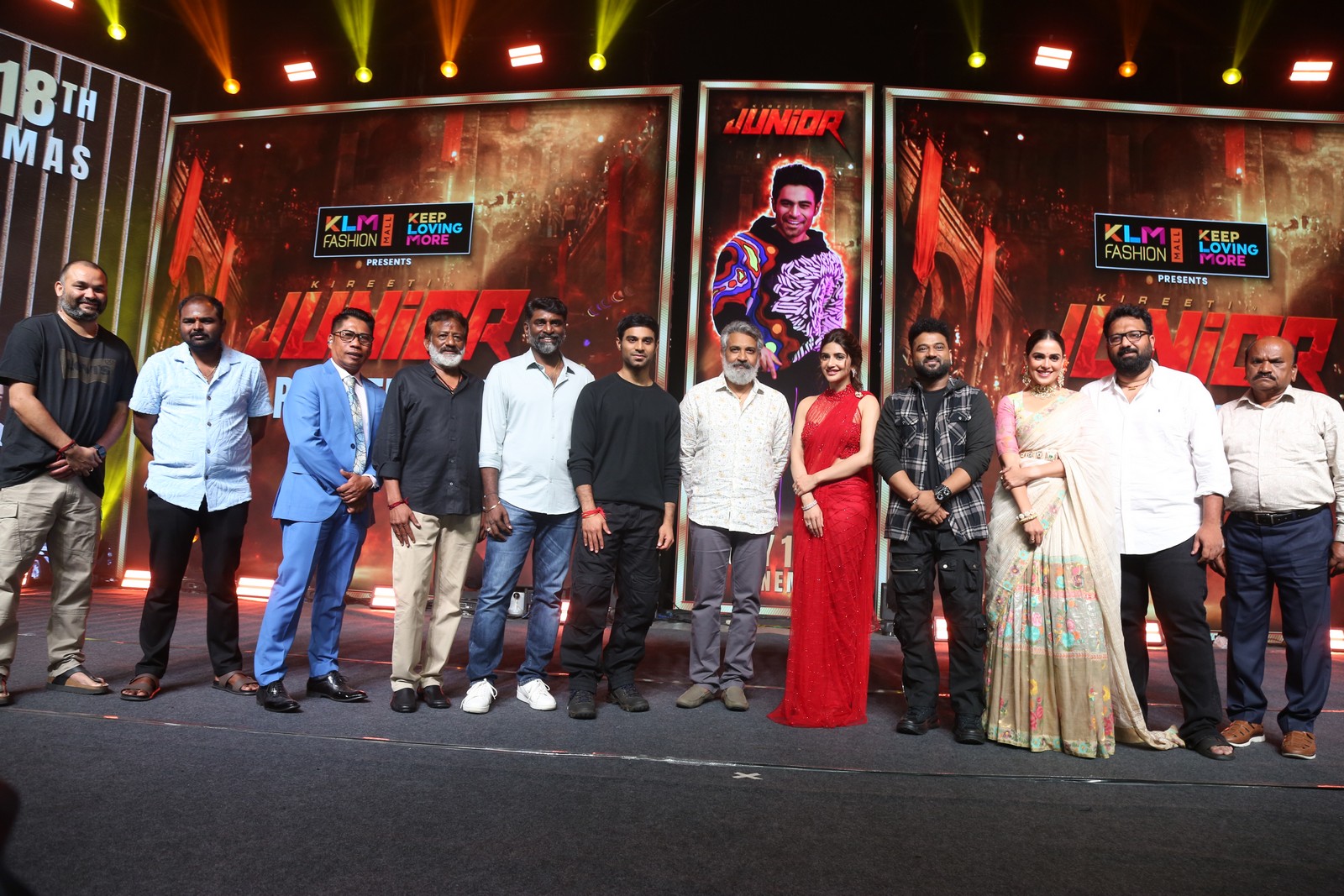 The team of Junior poses alongside special guest S. S. Rajamouli during an exclusive media photoshoot.