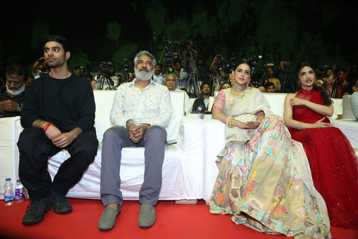 Lead stars Kireeti Reddy, S. S. Rajamouli, Genelia Deshmukh, and Sreeleela seated together, soaking in the grand atmosphere.