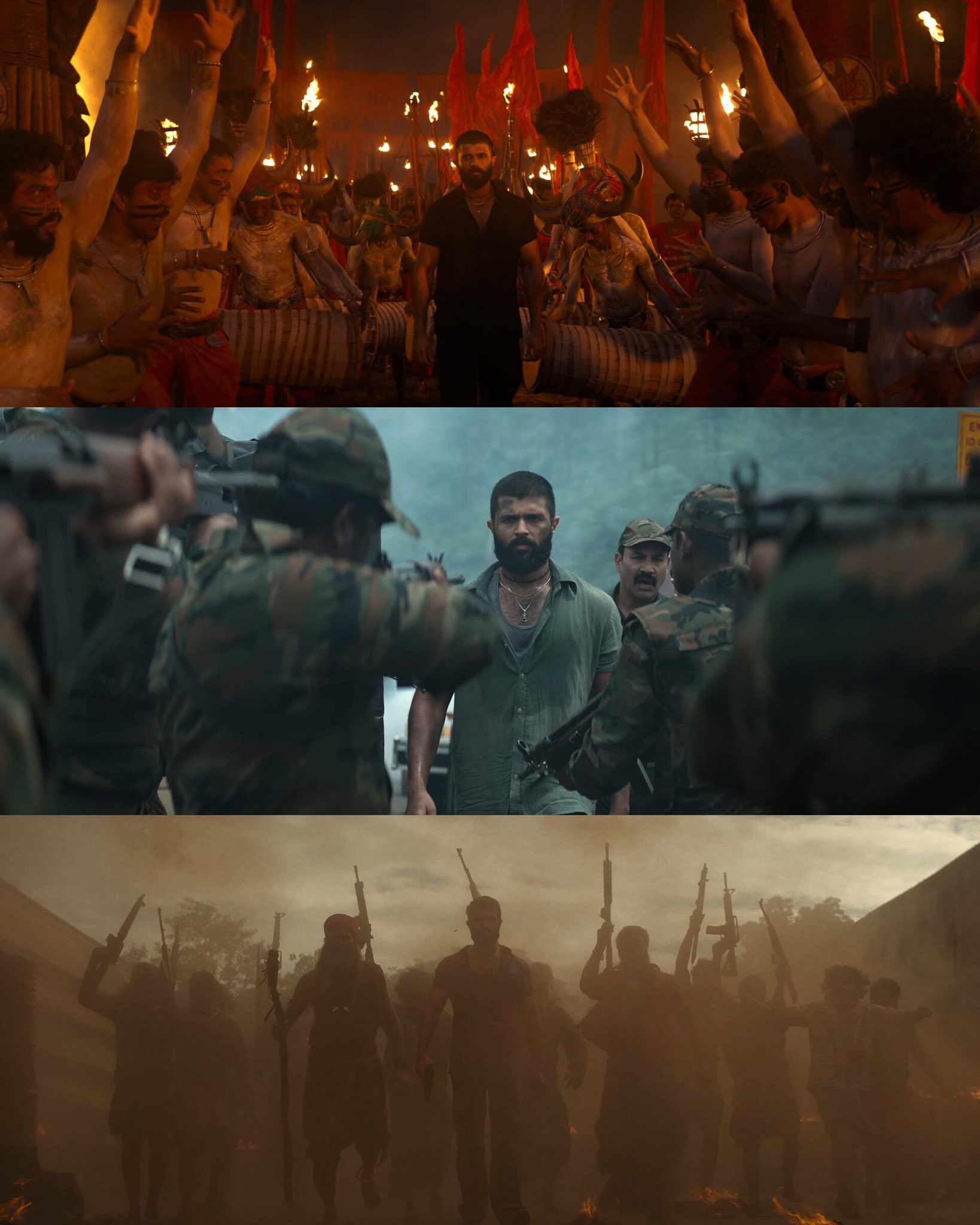 A glimpse of fearless intensity–Vijay Deverakonda commands attention in the Kingdom trailer stills.