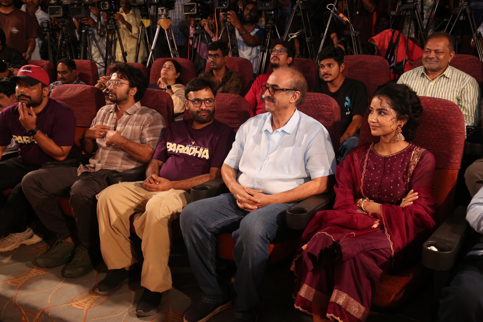 Vijay Donkada, Satya Dev, Praveen Kandregula, Suresh Babu, and Anupama Parameswaran were spotted seated together, engaging in lively conversation.