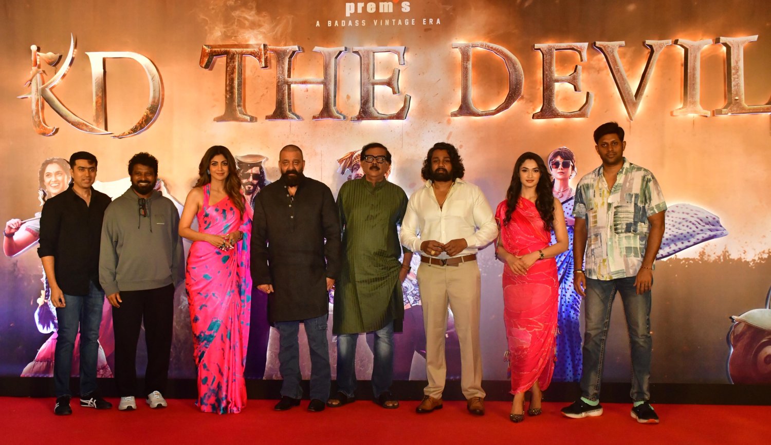 Prem S, Shilpa Shetty, Sanjay Dutt, Dhruva Sarja, and Reeshma Nanaiah come together for a striking group media shot.