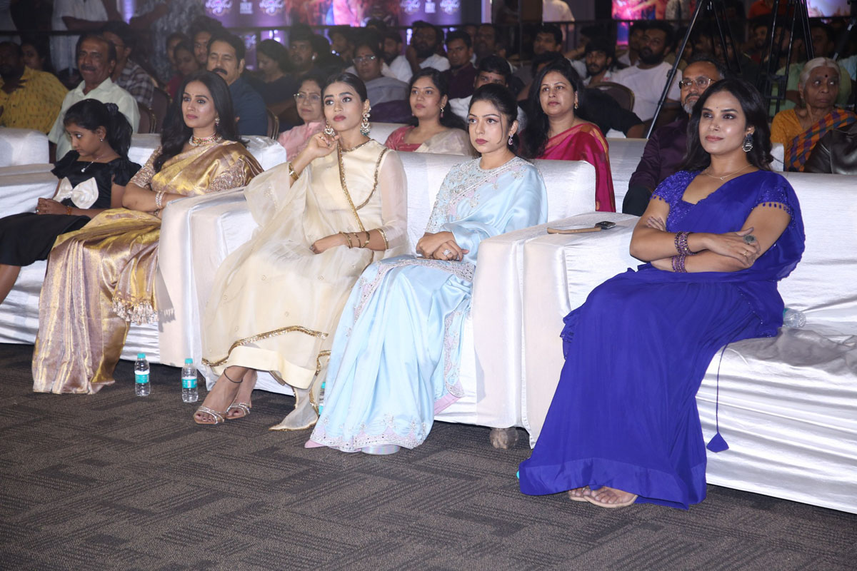 Actresses Swasika Vijay, Laya Glam, and Sapthami Gowda share a cheerful moment seated together