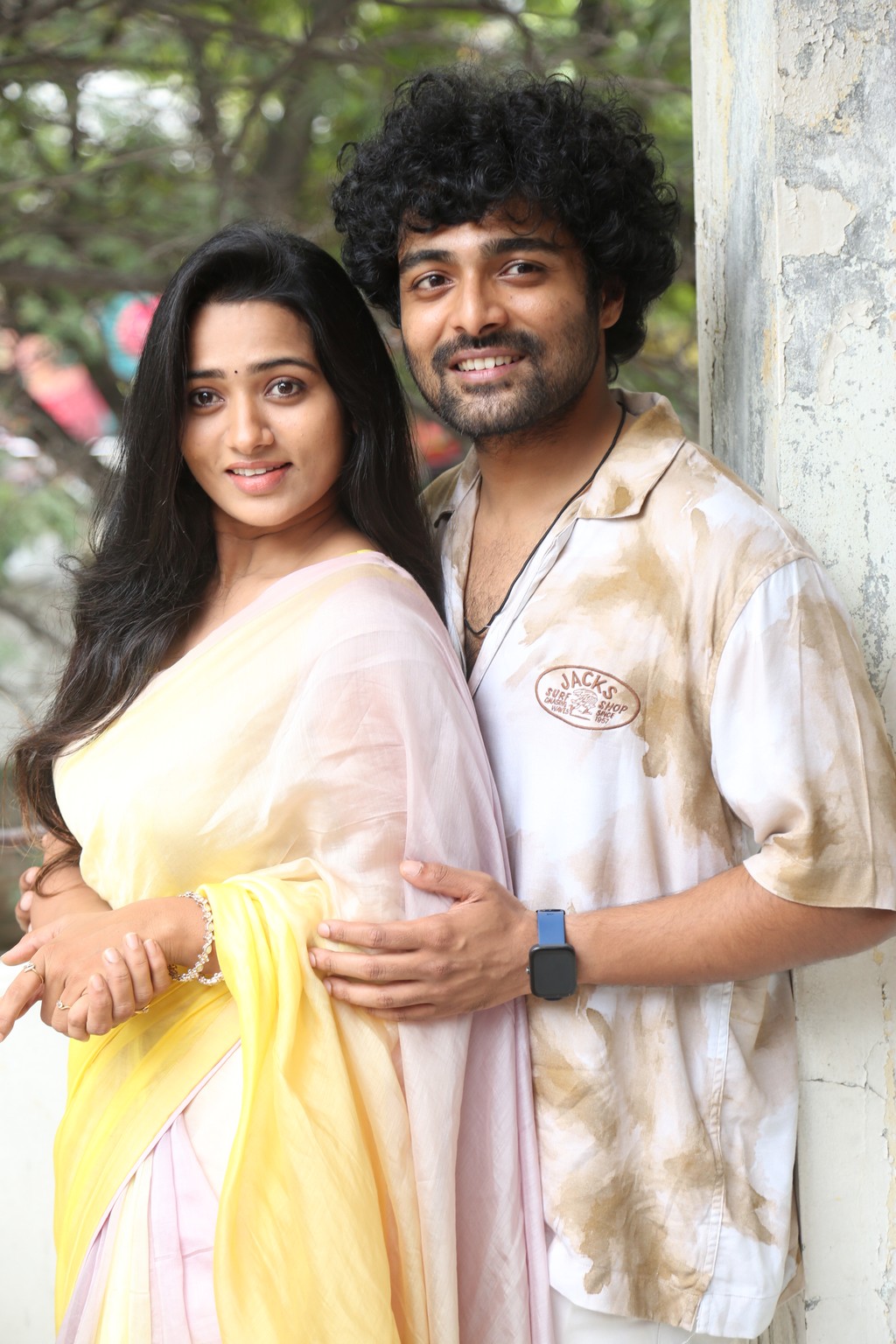 The duo, Rekha Nirosha and Dhanush Raghumudri, share a stylish moment during the official media photoshoot.