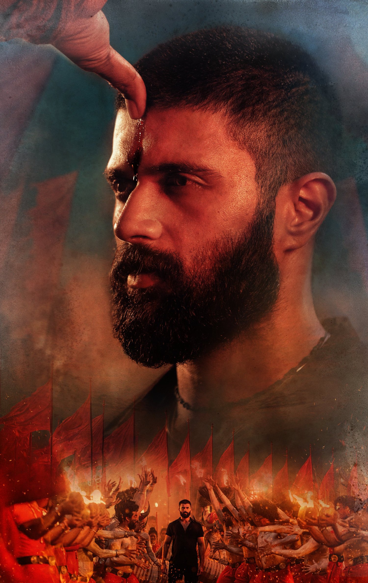 A dramatic moment unfolds as a thumb applies tilak on Vijay Deverakonda’s forehead in Kingdom.