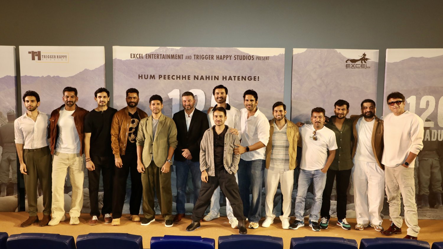 Sparsh Walia, Vivan Bhatena, Farhan Akhtar, Razneesh Ghai, Eijaz Khan, Ajinkya Deo, and other team members pose together for an official group photo session.