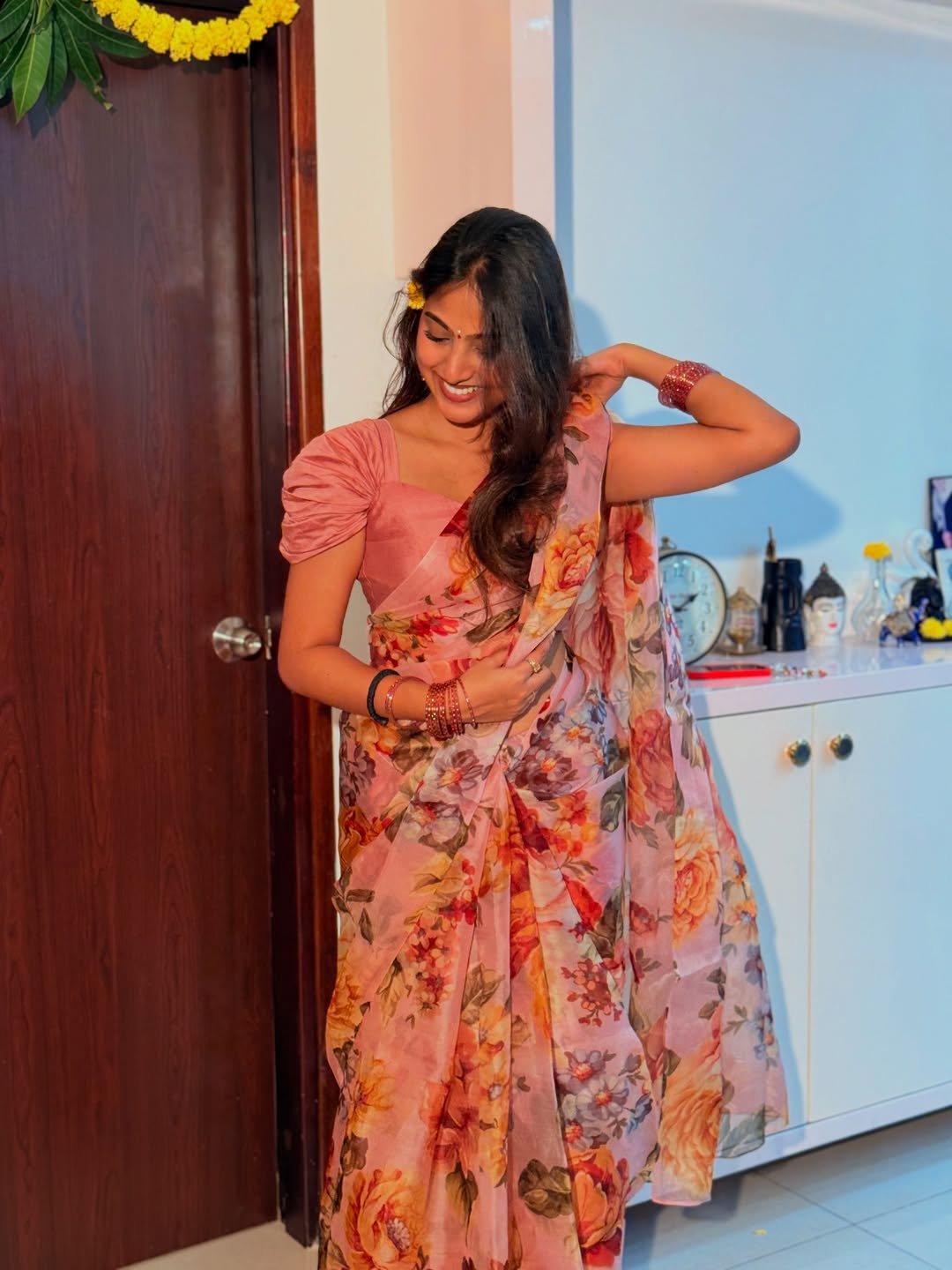 Pranavi Manukonda graceful in vibrant floral saree