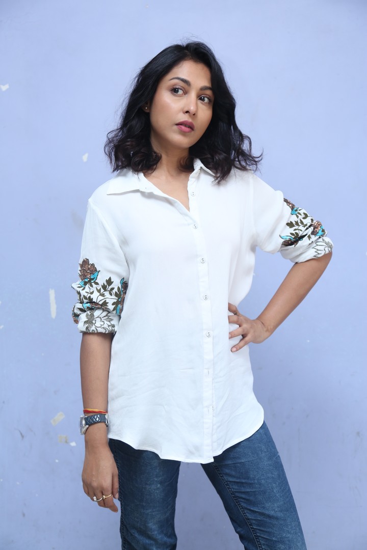 Madhu Shalini stylish embroidered shirt with confidence