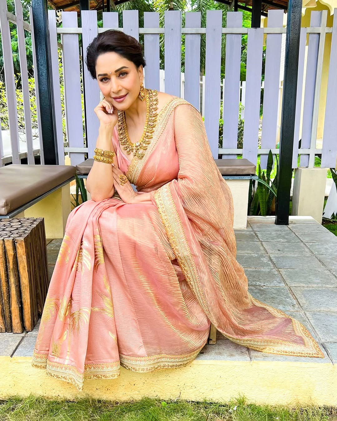 Madhuri Dixit channels regal saree sophistication.