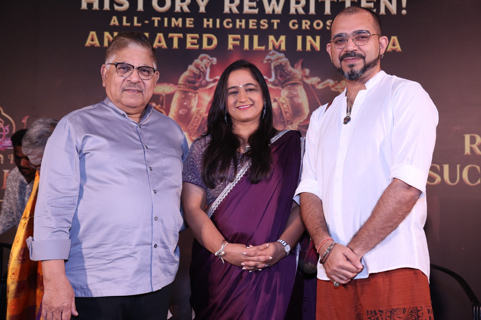 Allu Aravind, Shilpaa Dhawan, and Ashwin Kumar strike a pose together for the media.
